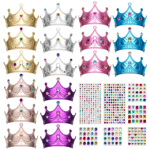 Hoedia 25PCS Foam Princess Crowns and Tiaras for Birthday Party Favors Hats, DIY Prince Crown Kit Paper Tiara with Crystal Diamond Sticker