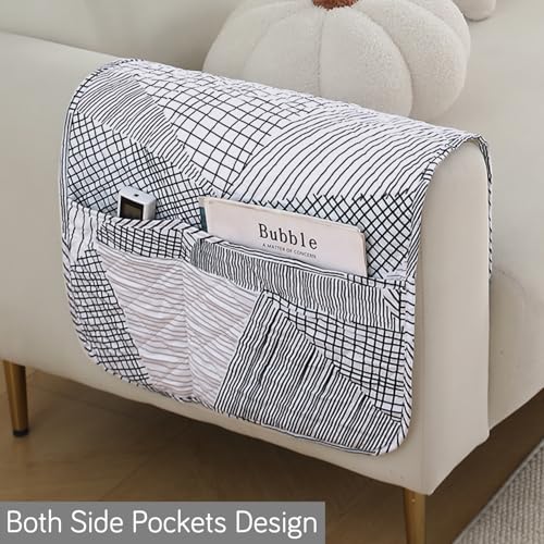 Image of HOKIPO 'Elira Series' Digitally Printed Water Repellent + Waterproof Sofa Armrest Cover with Pockets (2Pcs) - Snow White Black Geometry (AR-5251-C9*2)
