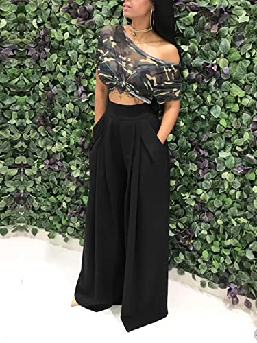 Famnbro Women's Solid Color Palazzo Pants High Waisted Long Wide Leg Trousers with Pockets Plus Size3