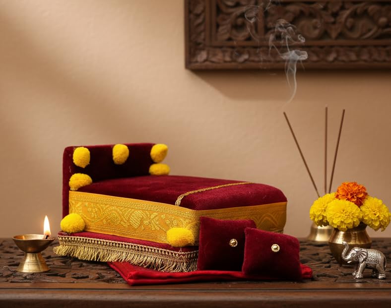 RD Handicraft Thakur ji Bed, Laddu Gopal ji Bed, Bal Gopal ji Bed with Blanket Silk All Purpose Bed |Maroon (17x16x10 cm)