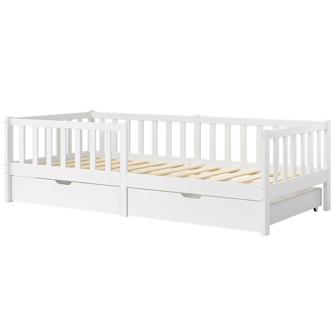 Bellabino Vere Kinderbett 90x200 cm – Montessori Bett mit Rausfallschutz, Lattenrost & 2 Schubladen– Massives Kinder Bett für Jungen & Mädchen aus Holz Kiefer – Kleinkindbett in Weiß mit Stauraum