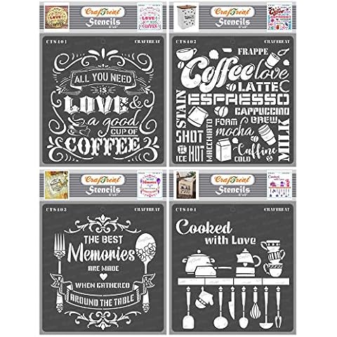 CrafTreat Kitchen Stencils for Painting on Wood, Canvas, Fabric, Wall - Coffee Love, Coffee, Dining Memories and Cooked with Love - 4 Pcs - 6x6 Inches Each - Reusable DIY Art and Craft Stencils Cover