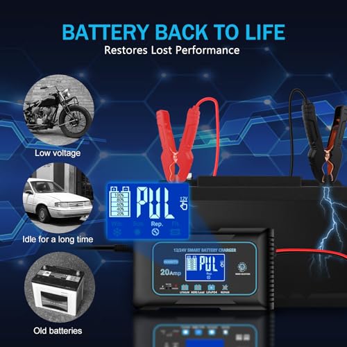 Haisito Cargador Baterias Coche 12V/24V 20A, Cargador de Baterias Rápido Inteligente Coche y Moto, Desulfatador y Mantenedor para baterías de LiFePO4 Litio Plomo ácido (AGM, Gel, EFB, SLA, VRLA) - imagen 4