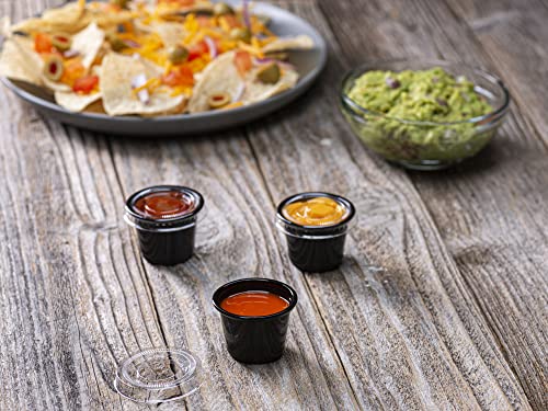Image of {1 oz - 100 Sets} Black Diposable Plastic Portion Cups With Lids, Small Mini Containers For Portion Controll, Jello Shots, Meal Prep, Sauce Cups, Slime, Condiments, Medicine, Dressings, Crafts, Disposable Souffle Cups & Much more