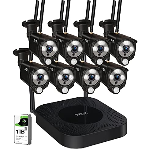 [3MP&2 Way Audio] Tonton HD Security Camera System Wireless,8CH 5MP NVR Recorder with 1TB HDD and 8PCS 3MP Outdoor Bullet Cameras with PIR Sensor,Floodlight,Plug and Play,Easy Installation(Black)