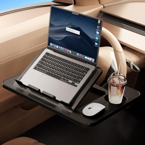 WISFISSH 3 in1 Car Steering Wheel Tray Table for Laptop Height Adjustable Car Table Tray for Driver Car Food Tray with Drinks Holder Multipurpose Travel Car Accessories for Long Road Trips-Black