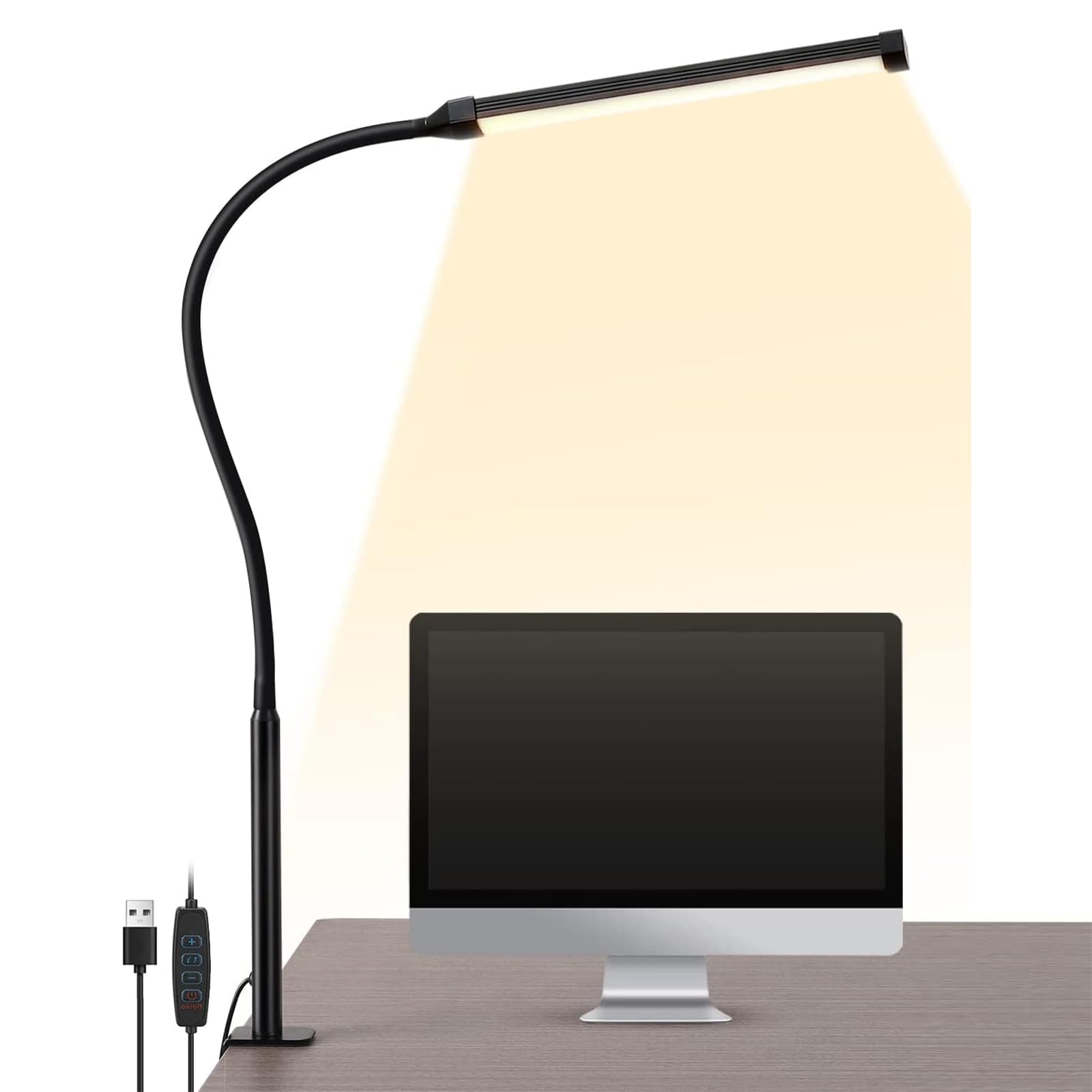 Jinlaili Lámpara Escritorio LED con Pinza, Lámpara de Mesa Regulable Cuidado de Ojos, Lámpara Escritorio Puerto USB, Luz para Estudiar Infantil, Luz Lectura, Pinza con Cuello de Cisne Regulable Negro