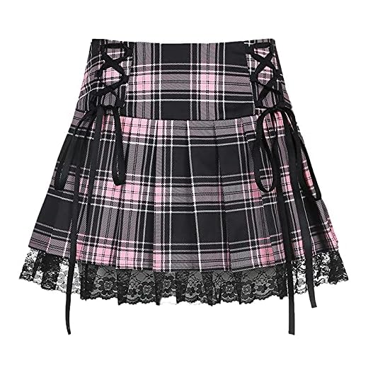 adcarryg Saias curtas para meninas adolescentes saias britânicas xadrez renda cruzada saia curta feminina-A_P, grande