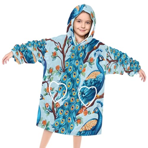 Wearable Blanket Hoodie for Kids, Colorful Peacock Fleece Sweatshirt Blanket Oversized Blanket Sweatshirt with Pocket Flannel Warm Hooded Blanket 6-10 Year Old Girl Boy Gift, One Size