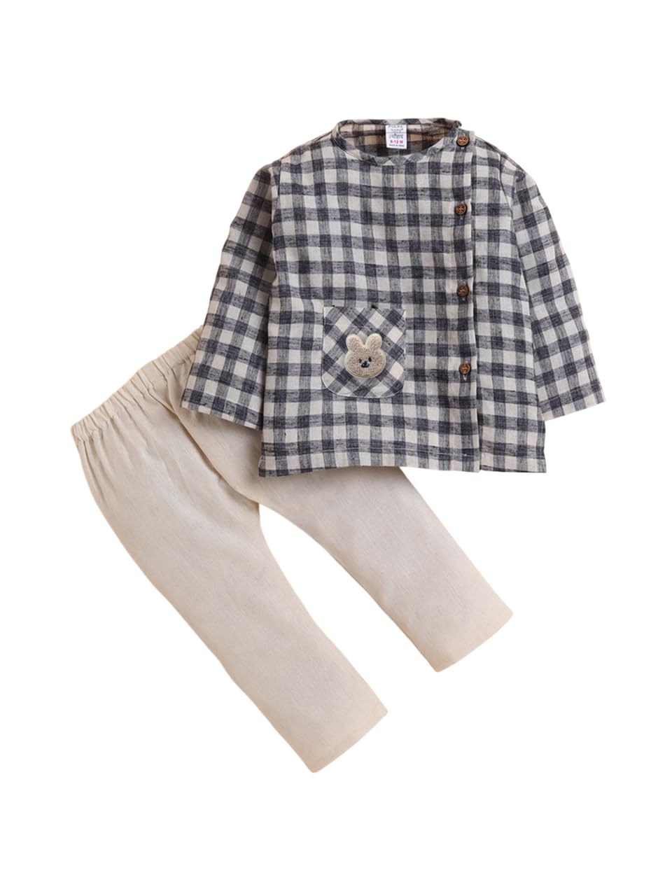 POLKA TOTS Baby Cotton Linen Outfit | Full Sleeve Checkered Top with Side Buttons & Pants | Soft & Breathable Unisex Dress for Infants & Toddlers