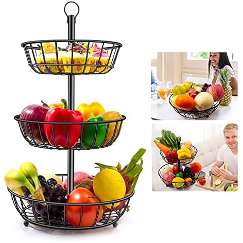 Fruit Bowl 3 Tier Fruit Basket Detachable Fruit Baskets for Kitchens Metal Fruit Bowl 3 Tier Basket Black - Keeps Fruits and Veg Fresh 3 Tier Metal Fruit Holder for Fruits and Veg Cover