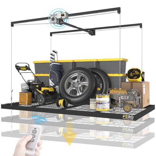 FERO Motorized Overhead Garage Storage Rack with Remote Control 4x8 FT Ceiling Storage Lift System Heavy-Duty Ceiling Mounted Organizer Space-Saving Hanging Garage Shelves 325 LBS Capacity