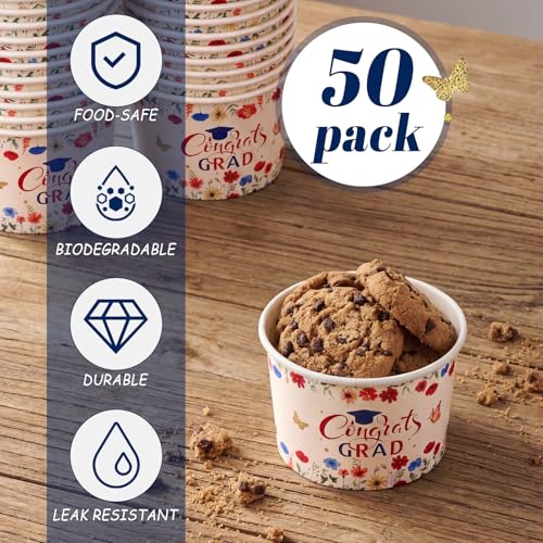 Image of Funnymoom 50 Pack Red White Blue Wildflower Graduation Ice Cream Cups 9 oz Class of 2026 Congrats Grad Disposable Dessert Snack Cups Floral Graduation Paper Soup Bowls for College High School Party