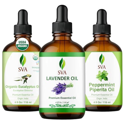 SVA Peppermint, Lavender and Eucalyptus Essential Oil 4oz Bundle Super