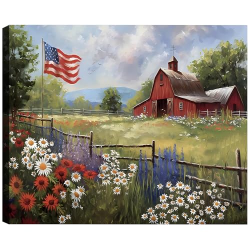 Image of Framed Rustic American Flag Red Barn Wall Art, Patriotic Farmhouse Canvas Art Pictures, USA Flag Wall Decor for Living Room Kitchen Entryway, Ready to Hang Made in USA