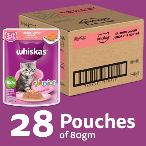 Image of Whiskas Junior Kitten (2-12 Months) Wet Cat Food, Salmon in Jelly Flavour, 80 g (Pack of 28), Hydrating Food Made with Real Fish, 100% Complete & Balanced Nutrition for Kittens