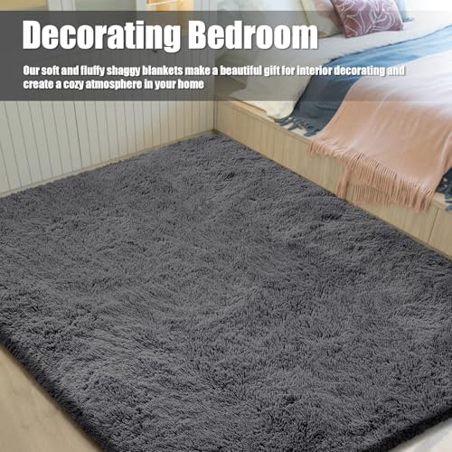 8x10 Fluffy Area Rugs for Living Room,Shag Area Rug for Bedroom,Deep Grey Soft Fuzzy Rug Non-Shedding Indoor Plush Carpet for Kids Bedroom Nursery Home Decor