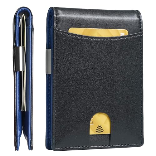 Image of Slim Bifold Wallet for man with Money Clip - RFID Blocking, Multiple Credit Card Pockets - Sleek and Versatile Design - Genuine Leather - Ideal for Cash and Cards (Black - Blue)
