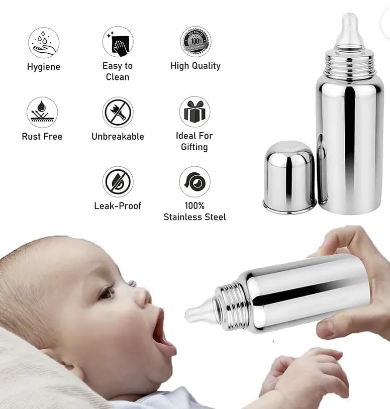 Image of Steel 304 Grade Feeding Bottle with Soft Silicone Nipple, Silver, 250 ml, (Silver Pack of 1)