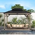 Aoodor 12 x 14 ft Wood Gazebo, Cedar Frame with 2-Tier Galvanized Steel Roof, for Patio, Backyard, Deck, and Lawn, Light Gray