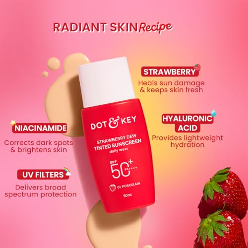 Image of Dot & Key Strawberry Dew Tinted Sunscreen In-Vivo Tested SPF 50+ PA++++ With New-Age UV Filters, Brightens & Protects Skin, Ultra-light, Blends Easily, With Niacinamide, Natural Finish, Non-Sticky| 50ml