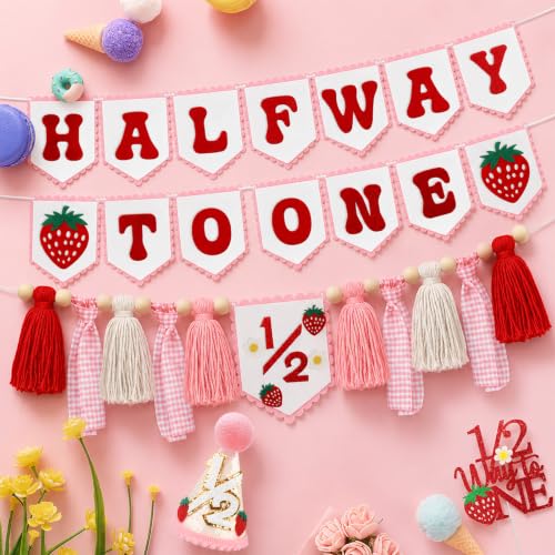 Image of 1 /2 Birthday Girl Decorations, Pink Strawberry Half Way to One Banner Set | Felt banner;wooden cake topper;1 /2 hat;baby girl 6 month party