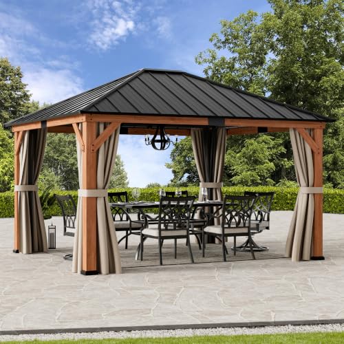 Modern Shade Permanent Wood Gazebo 12x14 with Galvanized Steel Roof