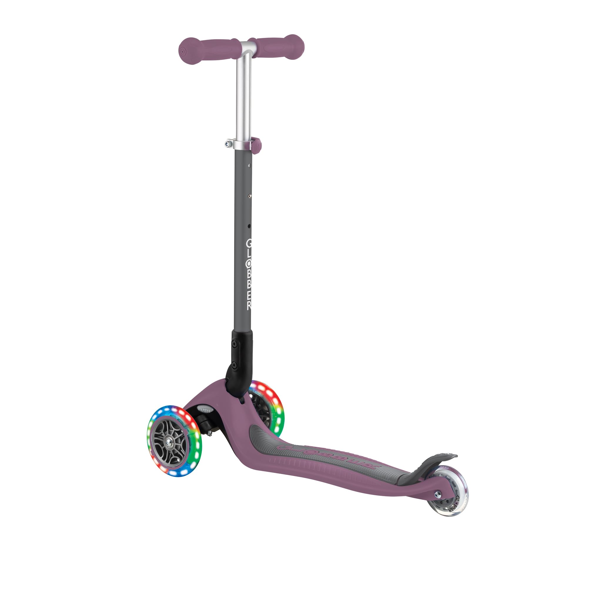 GLOBBER Primo Foldable Lights - Patinete infantil 120/80 mm, ABEC 5, 3 ruedas, altura regulable, ruedas LED, color morado
