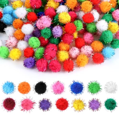 200 Pcs Glitter Pom Pom Balls - 0.6 Inch Assorted Sparkle Poms - Multicolor Soft Craft Pompoms for DIY Decorations and Art Crafts
