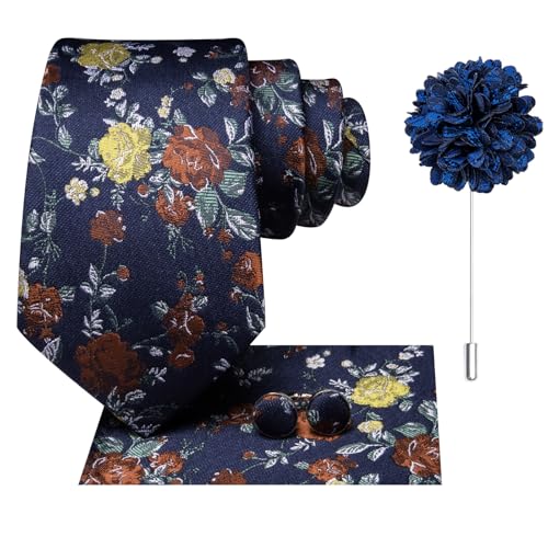 Image of Dubulle Mens Tie and Lapel Pin Paisley Striped Floral Necktie for Men Pocket Square Cufflinks 4PCS Set Wedding Party