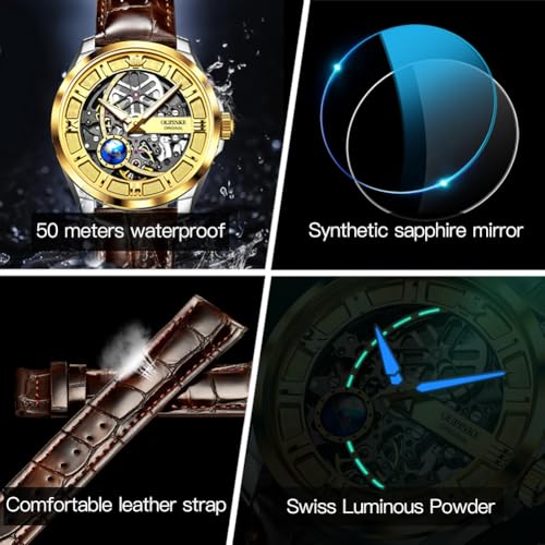 Image of OUPINKE Skeleton Mens Automatic Watches Mechanical Luxury Dress Leather Self Winding Waterproof 50M /5ATM Luminous Watches for Men