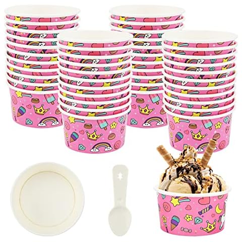 Guaksxi 50 Stück Einweg Kuchenbecher 125ML Papier Eisbecher Becher mit Löffel Einweg Dessertschale Eisbecher Dessertbecher Eisschalen Cover