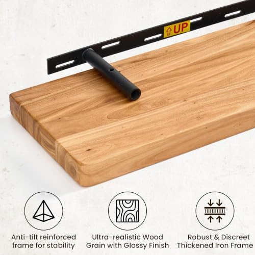 Fun Memories 48 Inch Floating Shelf, 8 Inch Deep Rounded Reclaimed Long Elm Wood Shelf with Hidden Bracket, Modern Floating Shelf for Living Room & Fireplace by Fun Memories - Used condition - Image 5