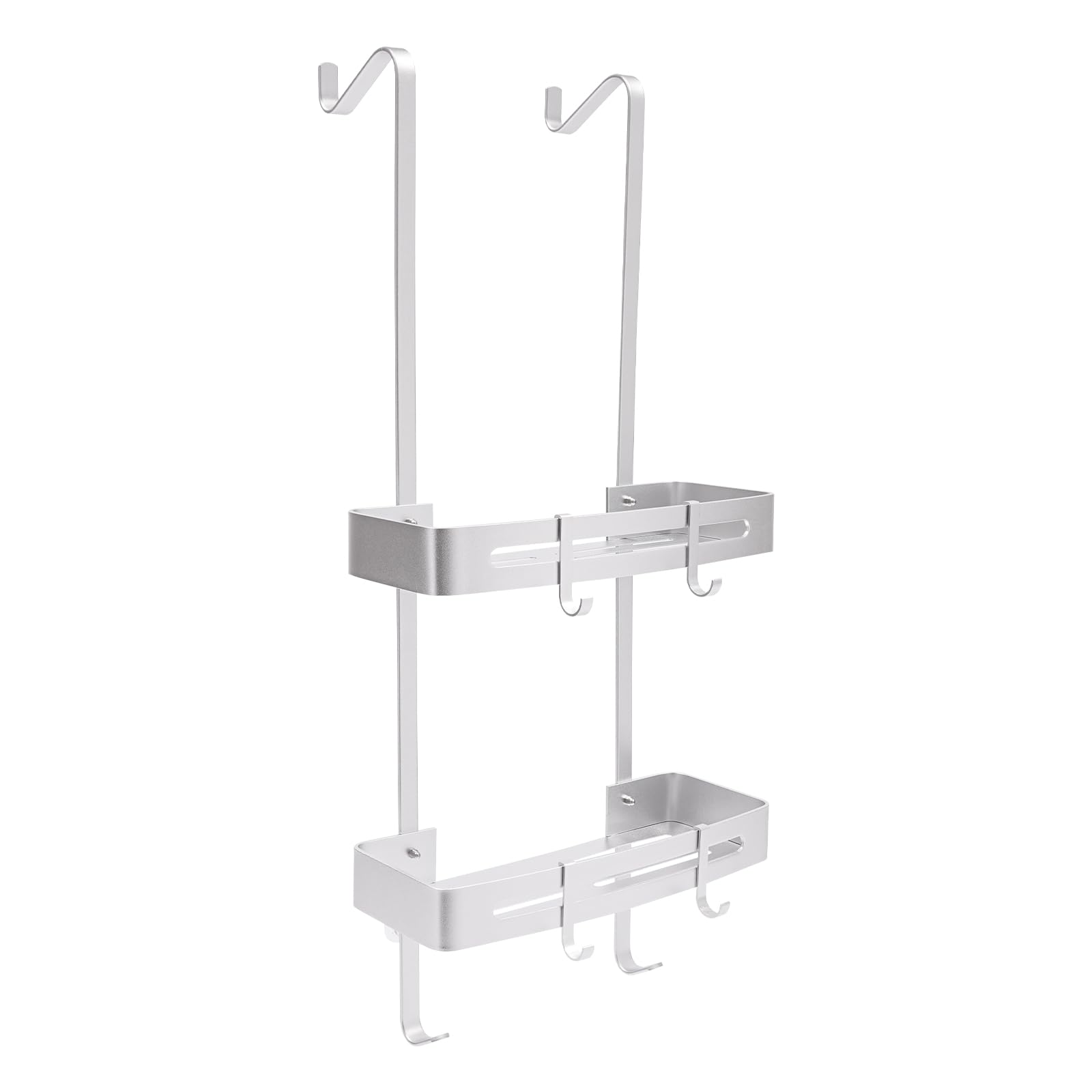 Estante de ducha para colgar de 2 niveles, estante de ducha para baño, champú, cesta de ducha, estante para colgar con 4 ganchos móviles, 32,5 x 12,5 x 73 cm, color plateado