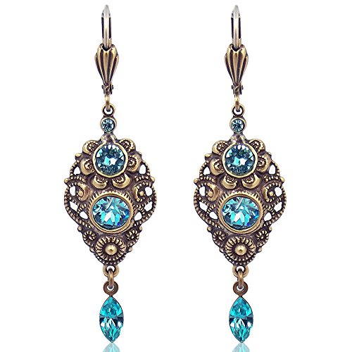 Preisvergleich Produktbild Jugendstil Ohrringe mit Kristallen von Swarovski® Türkis Gold NOBEL SCHMUCK