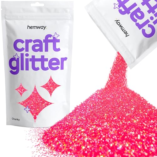 Hemway Craft Glitter Fluorescent UV Neon Pink 100g Chunky Glitter for Crafts, Resin, Cosmetic, Nail, Face, Body, Festival, Tumblers, Art, Candle, Crafting