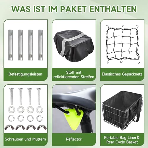 Fahrradkorb hinten abnehmbar, Gepäckträger-Korb faltbar, Fahrrad Korb Schulranzen hinten E-Bike groß, Bike-Basket mit Gepäcknetz, Regenschutz, Innenfutter & Reflektoren, Hundekorb Fahrrad, Schwarz