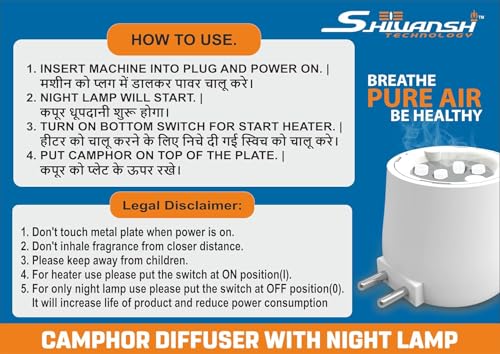 Image of SHIVANSH TECHNOLOGY Electric Kapoor Dani & Diffuser for Home | Home Fragrance Accessories | Puja Camphor Machine with Night Lamp | Aroma Oil, Camphor & Incense Burner | Bakhoor Dani (Green Light)