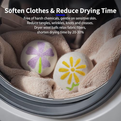 Wool Dryer Balls 6-Pack XL - Unique Petal Embroidery, Natural Reusable Laundry Fabric Softener, Reduces Wrinkles & Drying Time, Hypoallergenic & Leaves Fabrics Naturally Soft and Fluffy