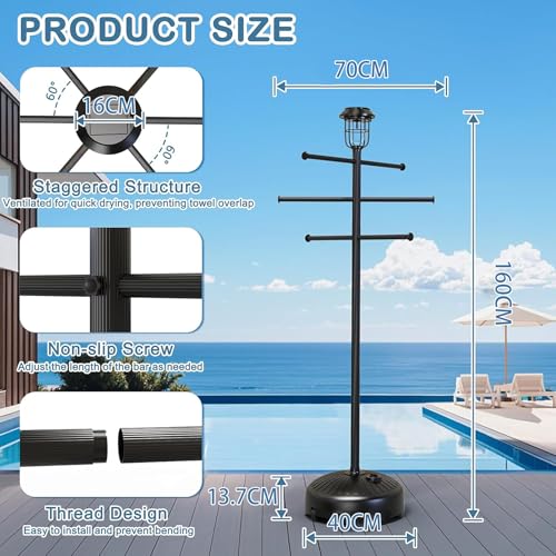 160 cm Solar Light Pool Towel Rail Outdoor for Outdoor Use, Towel Rail Standing with Wheels, 6 Adjustable Bars Accessories, Towel Holder for Pool, Hot Tub - Image 7