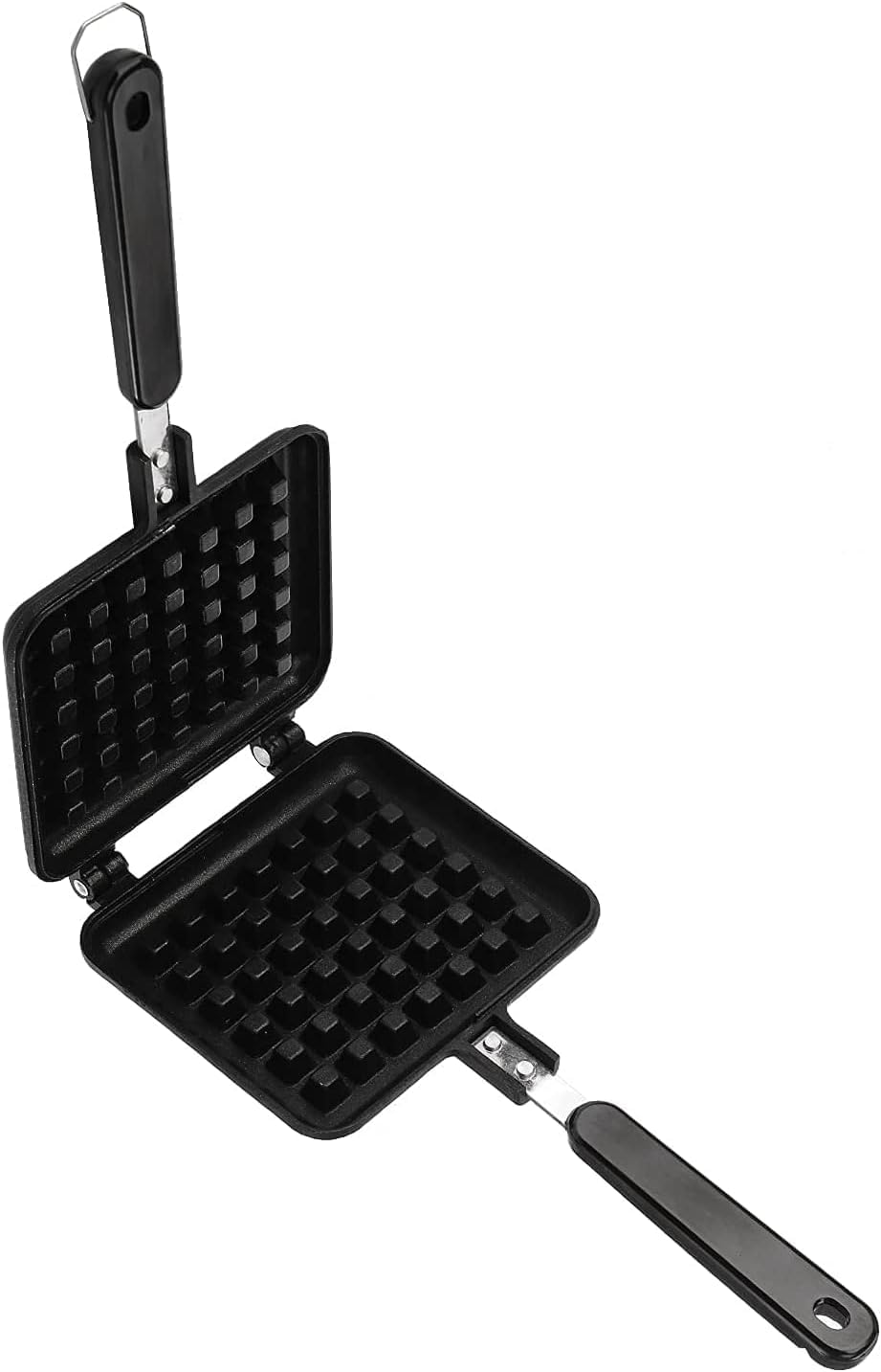 Non Stick Square French Egg Pancake Waffle Maker Mould for Gas Burner Stove with Comfortable Handle with Locking Hoop, Aluminum Alloy, Black