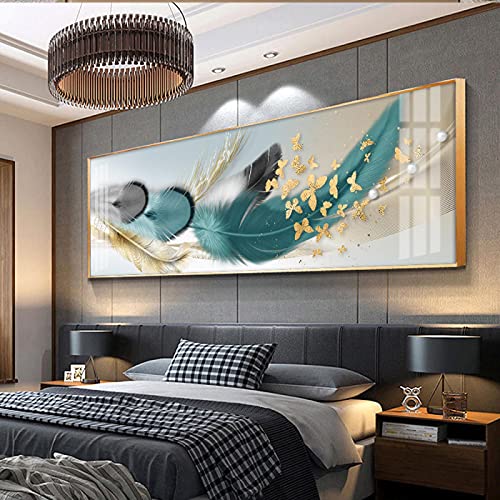 Cuadro de ciervo con plumas doradas abstracto nórdico en lienzo de salón 50x150 cm sin marco