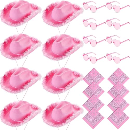 ASMIZ Lot de 24 Rose Chapeau Cowboy pour Femme, Adulte Chapeaux de fête avec Bandana Paisley et Lunettes en Forme de Cœur, Pour Mariage, EVJF, Anniversaire