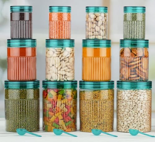 Image of Polypropylene Pet Food Storage Containers Set With Airtight Lids, Kitchen Organisation Jars For Pasta, Spices, Dry Goods, Stackable (12 Pcs SKY), Transparent