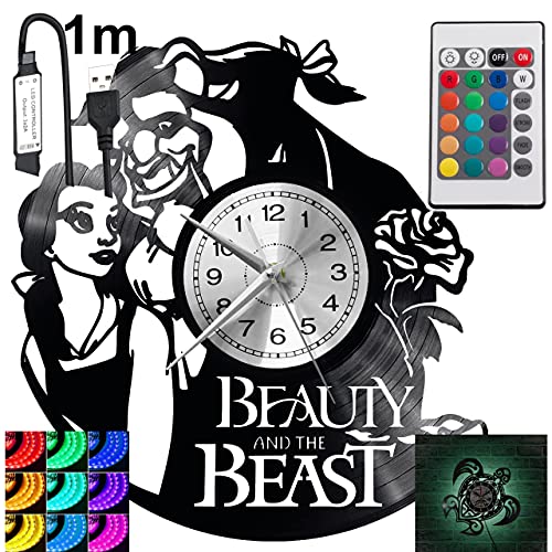Reloj de pared con luz LED RGB de La Bella y la Bestia, para mando a distancia, diseño moderno y...