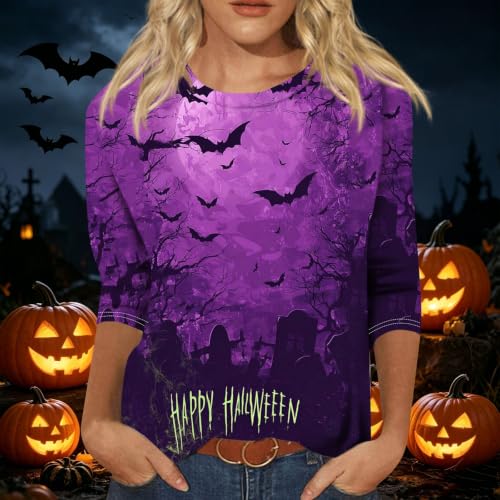 Image of Women Spooky Halloween Graphic Shirt 3 /4 Length Sleeve Crewneck Top | Halloween Funny Printed Pumpkin Plus Size Tshirts 2026 Fall Outfits Skeleton Tee Going Out Tops
