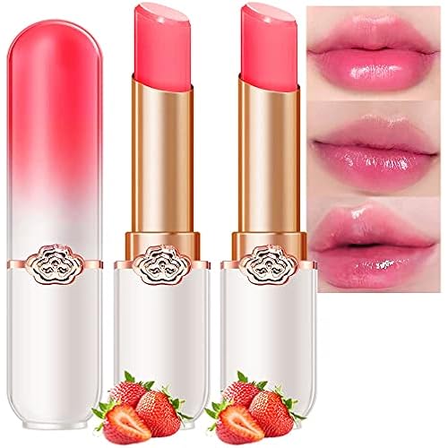 evpct 2Pcs Strawberry Tinted Lip Balms PH Lip Color Changing Lipstick Balm Stain Gift Set Queen for Women Girls Korean Mood Long Lasting Color Change Light Pink Lipstick Lip Tint Plumper Gloss