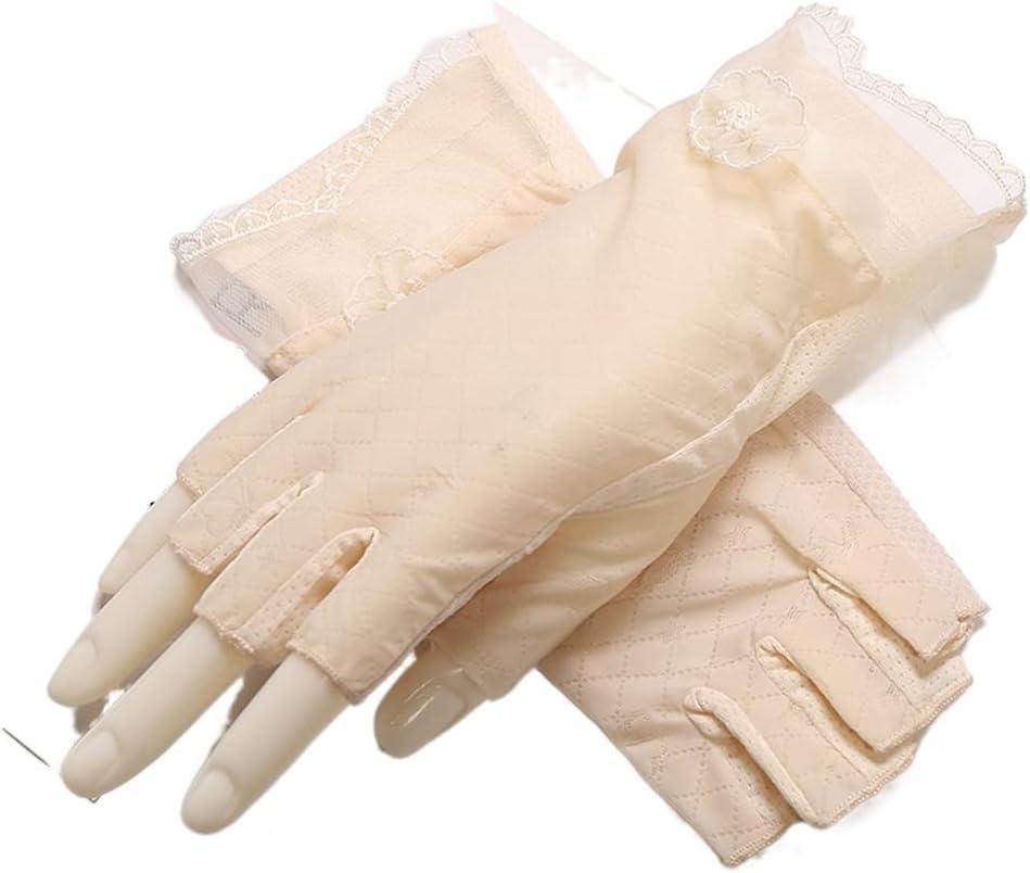 Women's Thin Lace Ice Silk Gloves Half Finger Exposed Finger Driving and Cycling Touch Screen(Black)