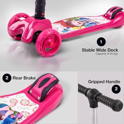 Image of Baybee Flash Kick Scooter for Kids | Smart Foldable 3 Wheel Kids Scooter with 4 Height Adjustable, LED PU Wheels & Brake | Skating Scooters Upto 75 Kg Capacity | Skate Scooters for Kid (Pink)