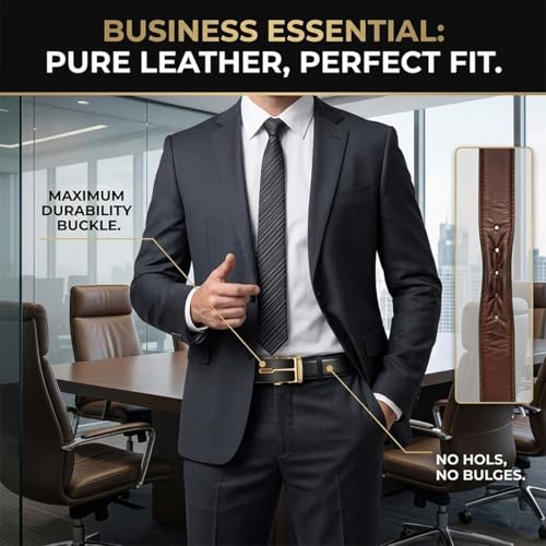 Image of JINIU Men's Ratchet Belt Buckle, Black Genuine Leather Slide Belt for Men Dress Suit, Micro Adjustable Trim to Fit Boxed